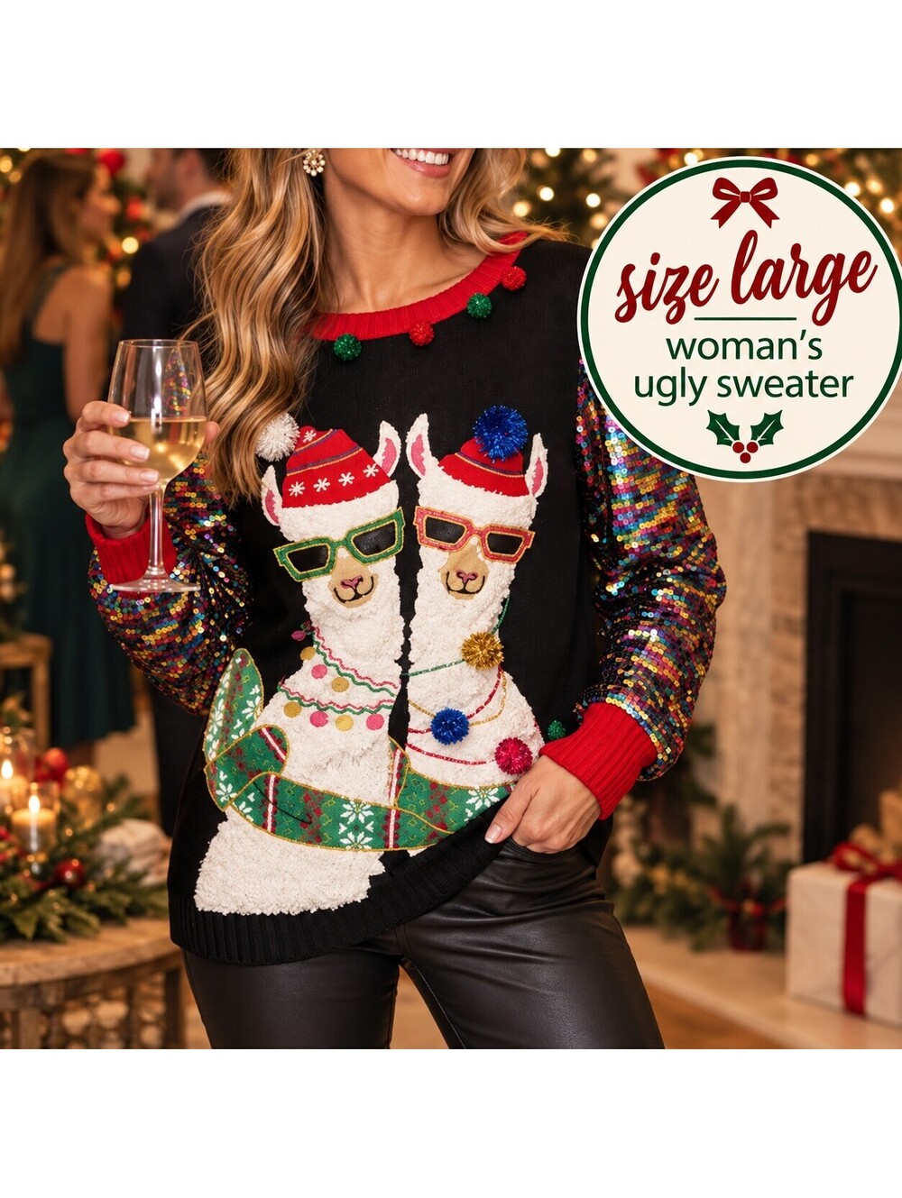 33 Degrees | L | Sequin Llama Christmas Sweater Dress
